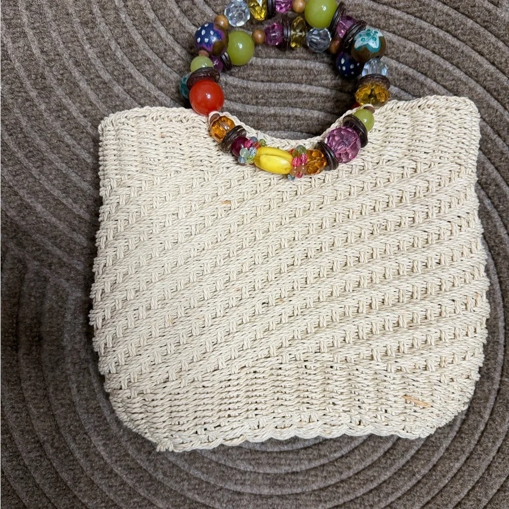 Cream Woven Clutch with Colorful Beaded Handle